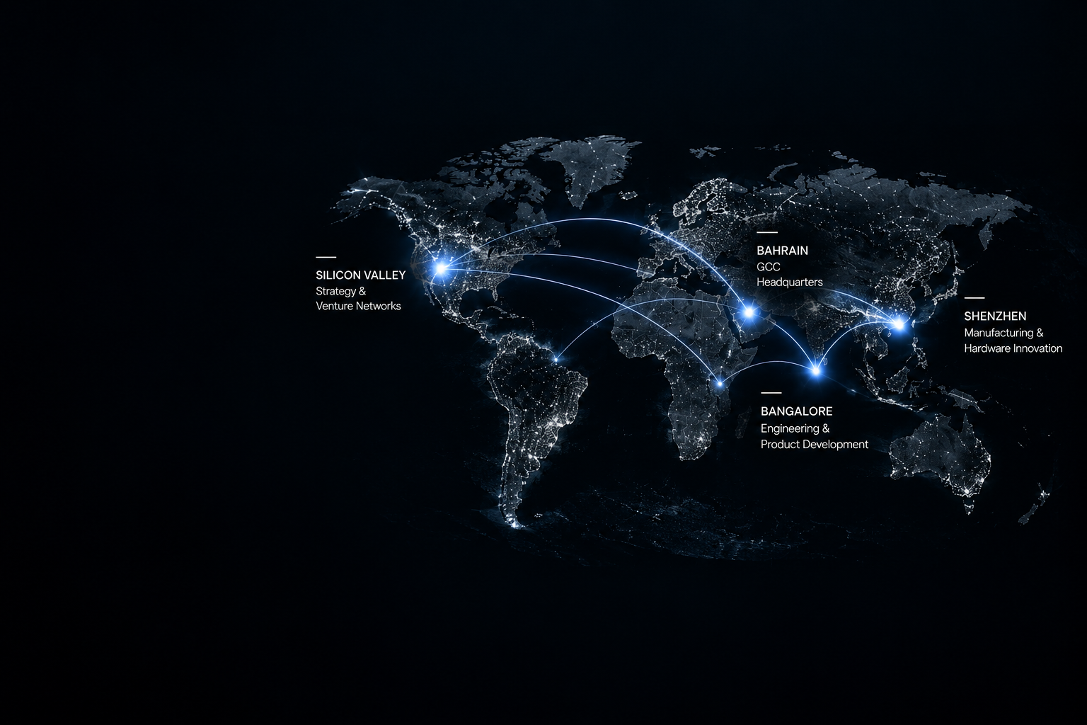 Global network map connecting Silicon Valley, Bangalore, Bahrain and Shenzhen